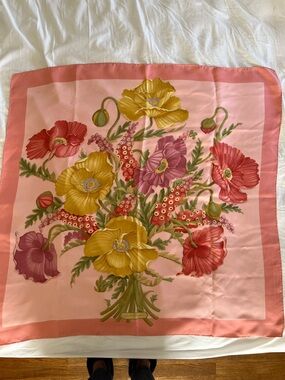 Salvatore Ferragamo Pink Floral Silk Scarf with Yellow and Red Blossoms